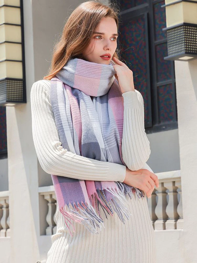 Радужный Контрастный Клетчатый шарф с кисточками 2023, Шаль, теплая Толстая шея, осенне-зимняя Корейская версия, женский шарф в корейском стиле
