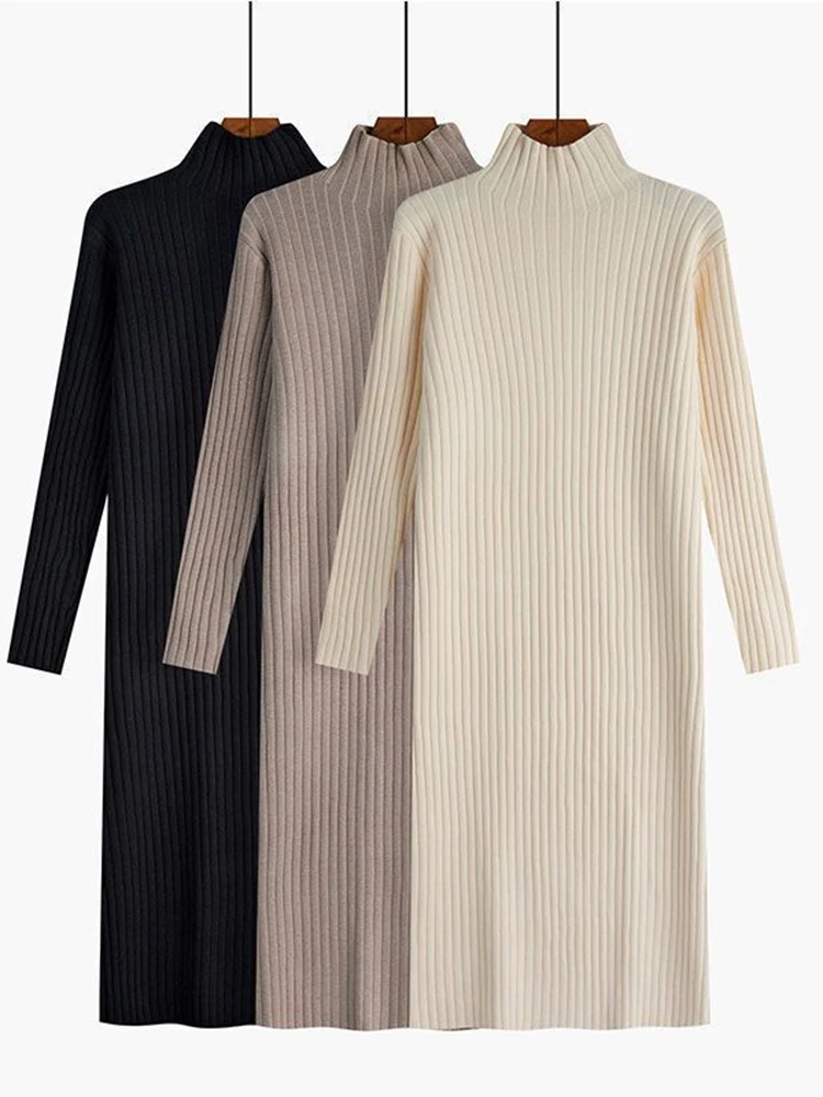 Вязаное платье для женщин 2023, осень-зима, новое модное винтажное свободное платье с длинным рукавом, платья-свитера трапециевидной формы с полувысоким воротником