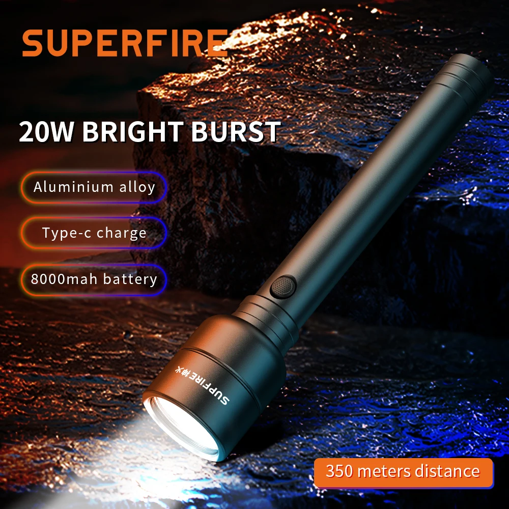 Тактический фонарик SuperFire Y16 с сильным светом на дальность 350 м, портативный светодиодный перезаряжаемый фонарь Type-C, мощный аккумулятор емкостью 8000 мАч