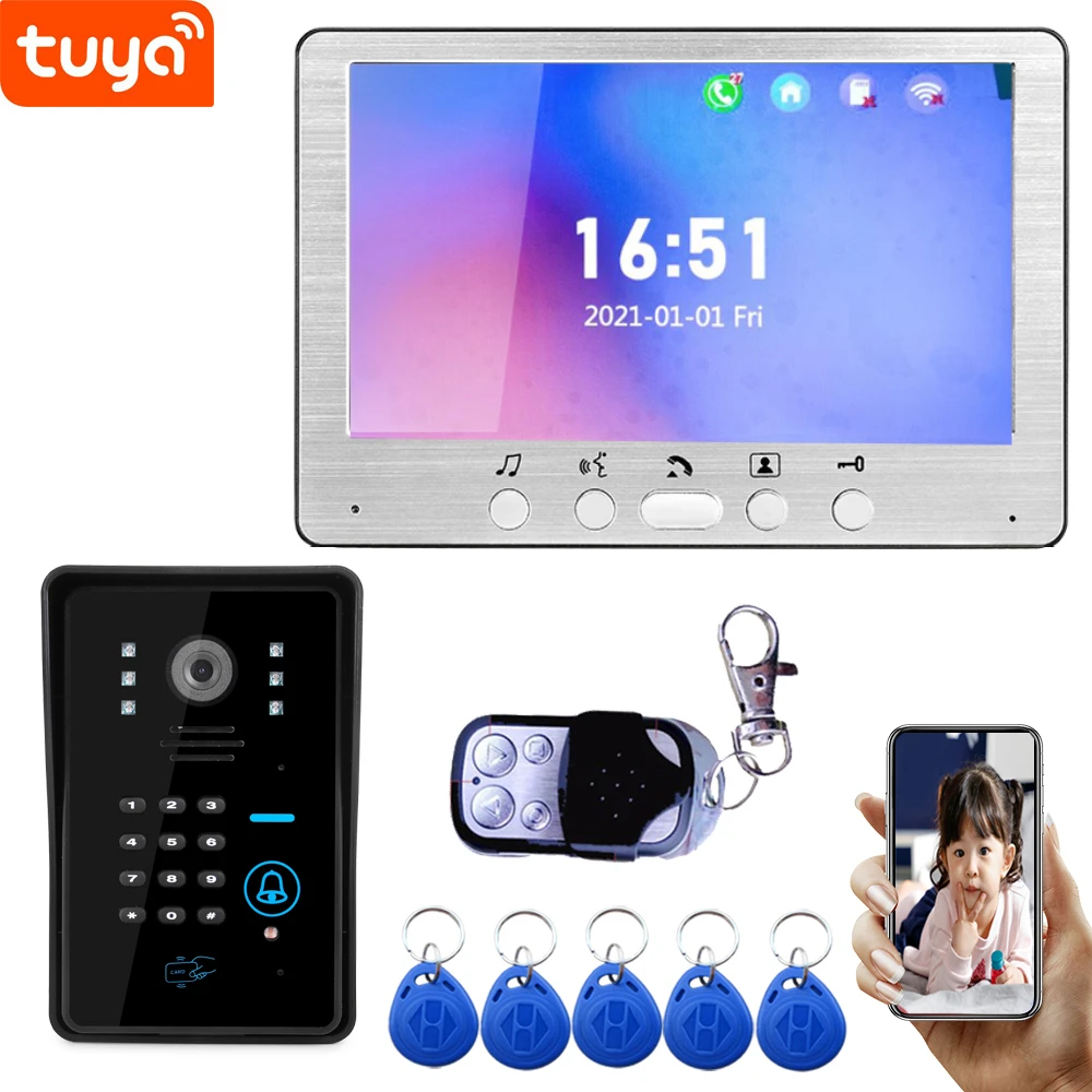7-дюймовый WIFI видеодомофон для квартиры с проводной камерой видеодомофона 1080P с паролем и RFID разблокировкой Tuya