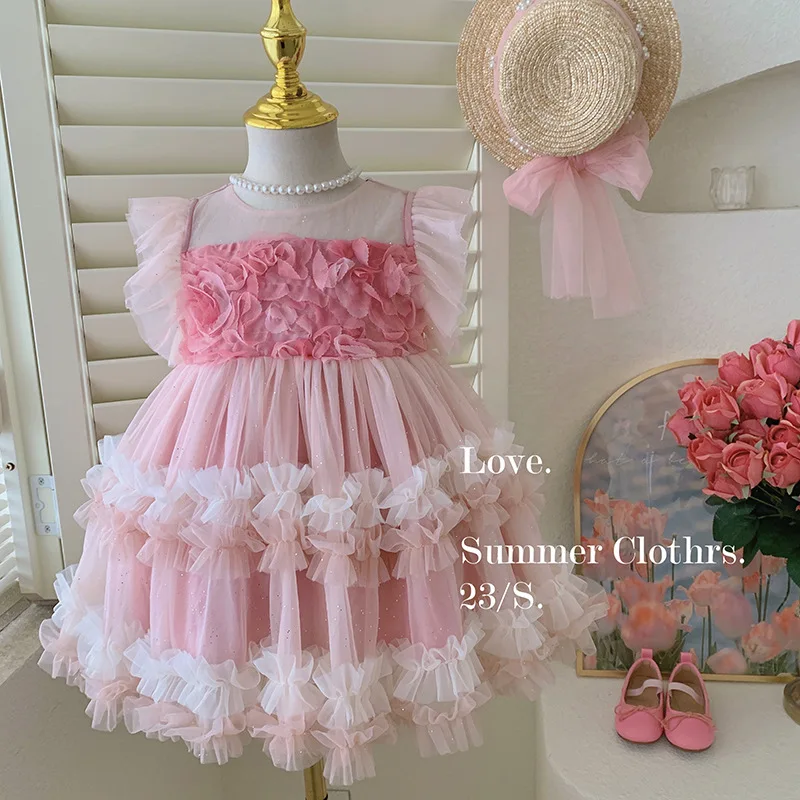 2023 Платье для девочек без рукавов, модное универсальное повседневное Весенне-летнее Новое Милое платье принцессы Лолиты с оборками в виде цветка